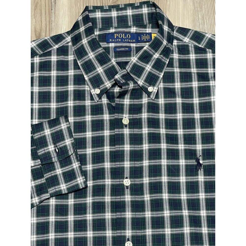 Ralph Lauren Mens Size L Green Blue Plaid Classic Fit Long Sleeve Button Up